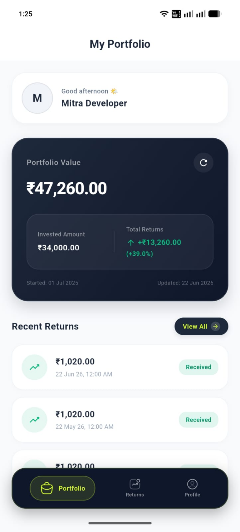 MyMitra My portfolio inside a mobile mockup