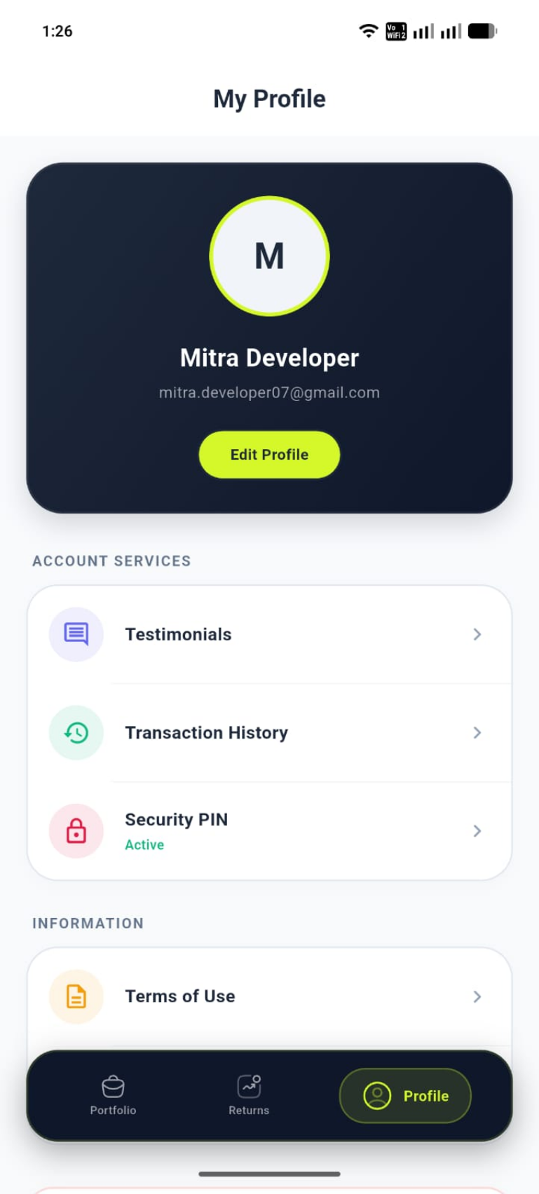 MyMitra My profile inside a mobile mockup