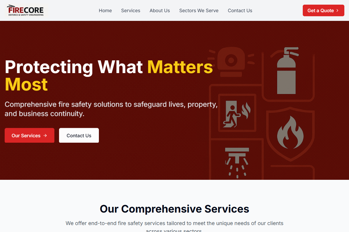 FireCore Defence & Safety Engineering website homepage screenshot