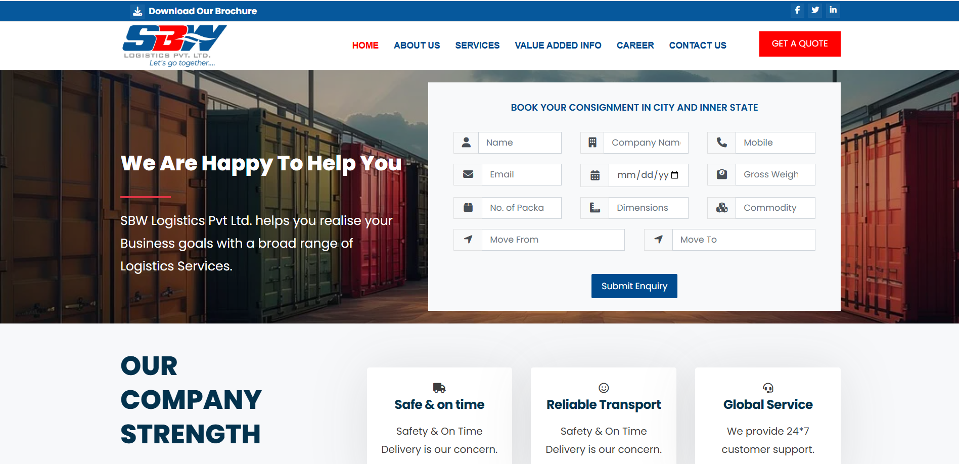 SBW Logistics Pvt Ltd website homepage screenshot
